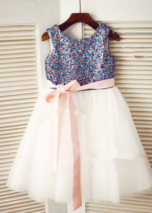 Multicolor Sequin Ivory Tulle Sparkly Flower Girl Dress